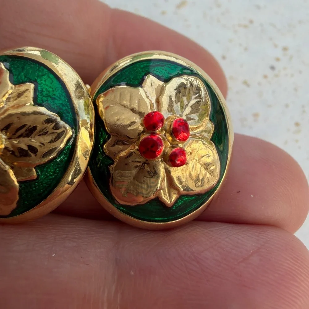 Vintage Danecraft Christmas Holly Berry Green Red Enamel Clip on Earrings Gold